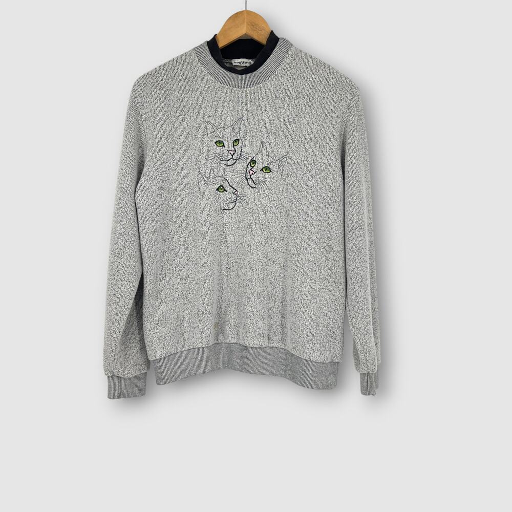 90s Vintage Cat Embroidered Sweatshirt Gray Knit Pullover Size Large